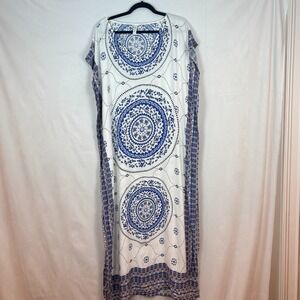 Cupshe Womens Blue‎ White Medallion Boho Cap Sleeve Maxi Coverup Dress One Size
